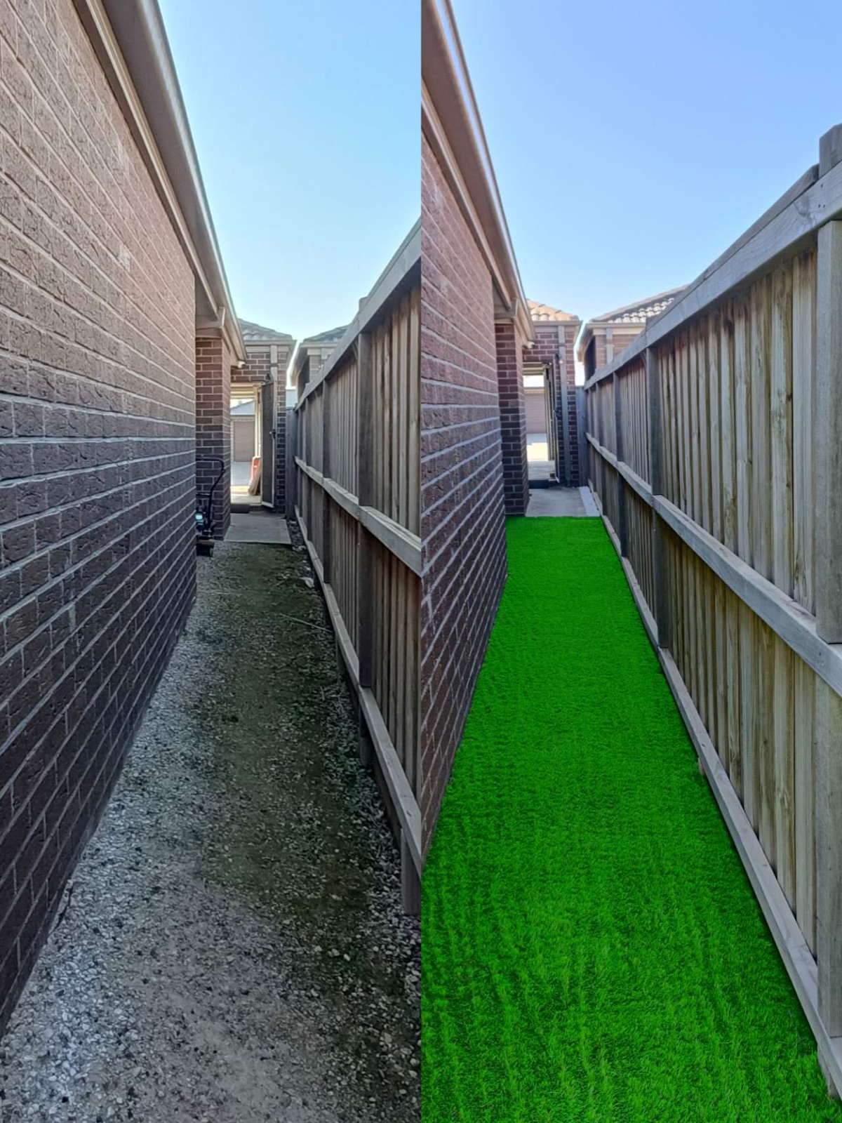 Bare side path resurfaced with artificial grass strip fence-to-brick.