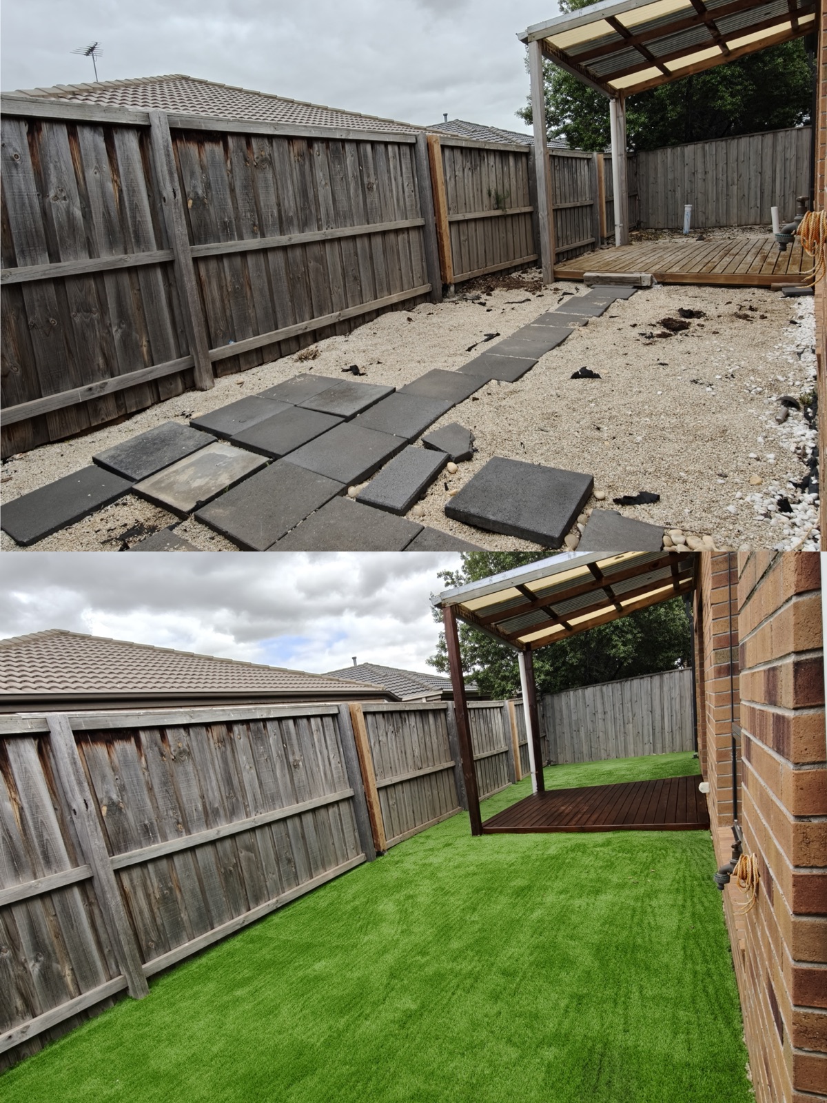Loose paver rubble backyard rebuilt into artificial lawn and decked corner.