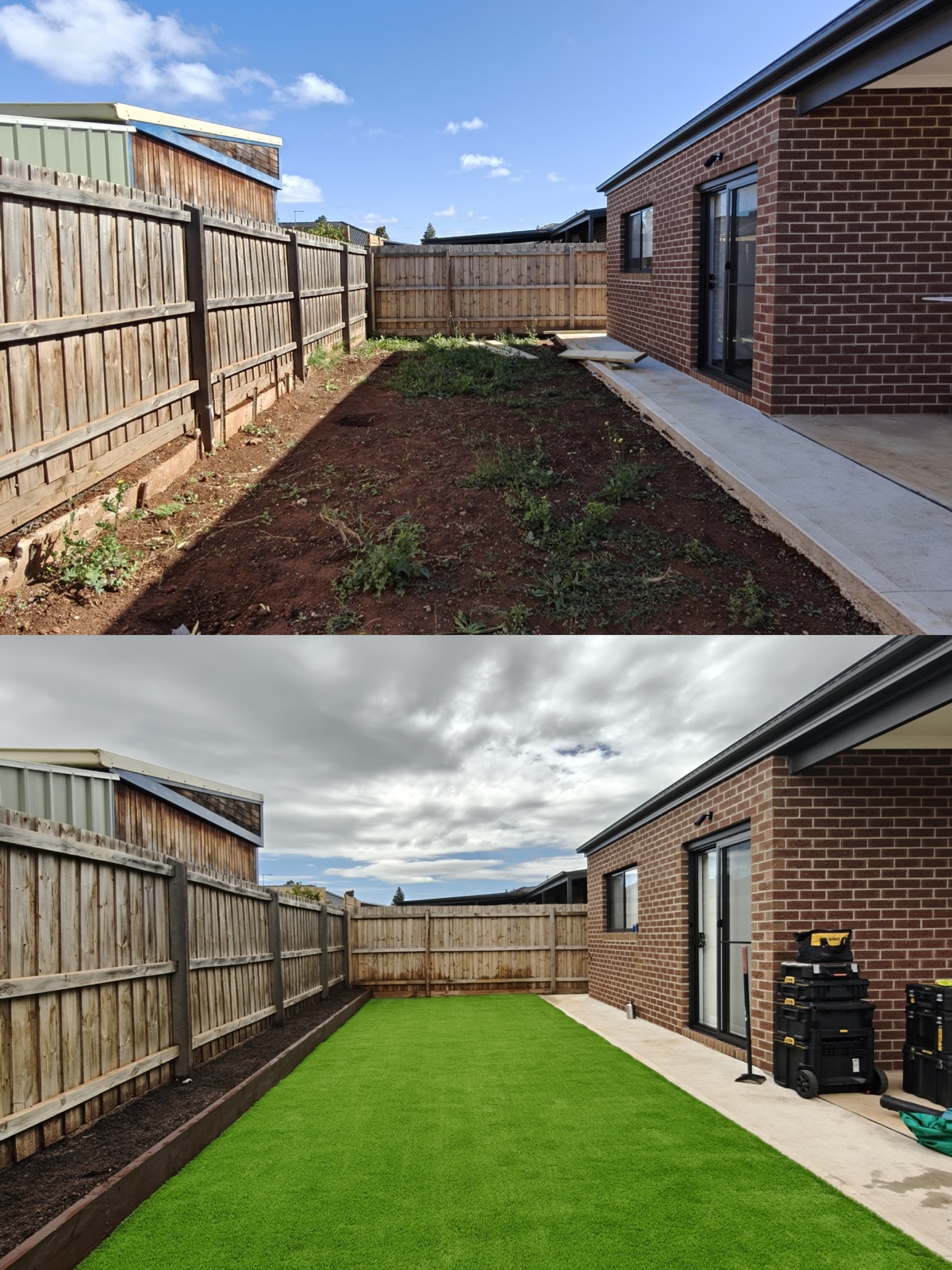 Backyard dirt patch transformed into a clean artificial lawn with garden edge.