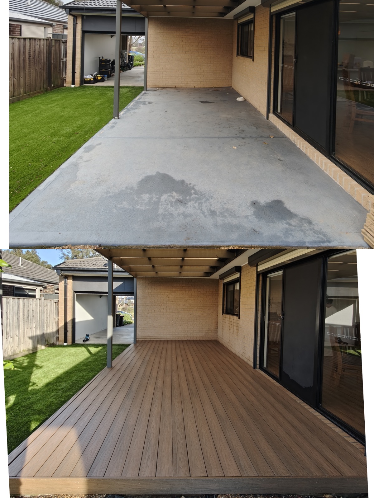 Bare concrete alfresco converted into a warm composite deck.