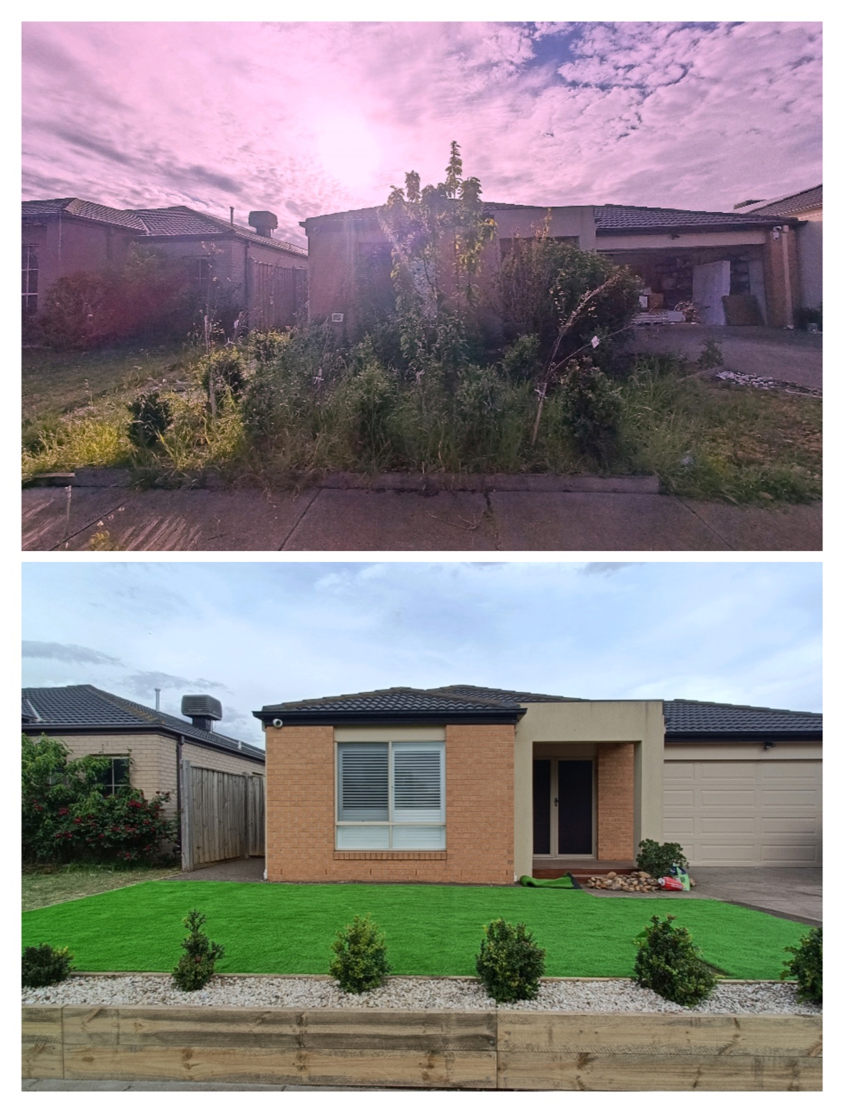 Overgrown front garden cleared and rebuilt with fresh turf and timber sleeper retaining wall.