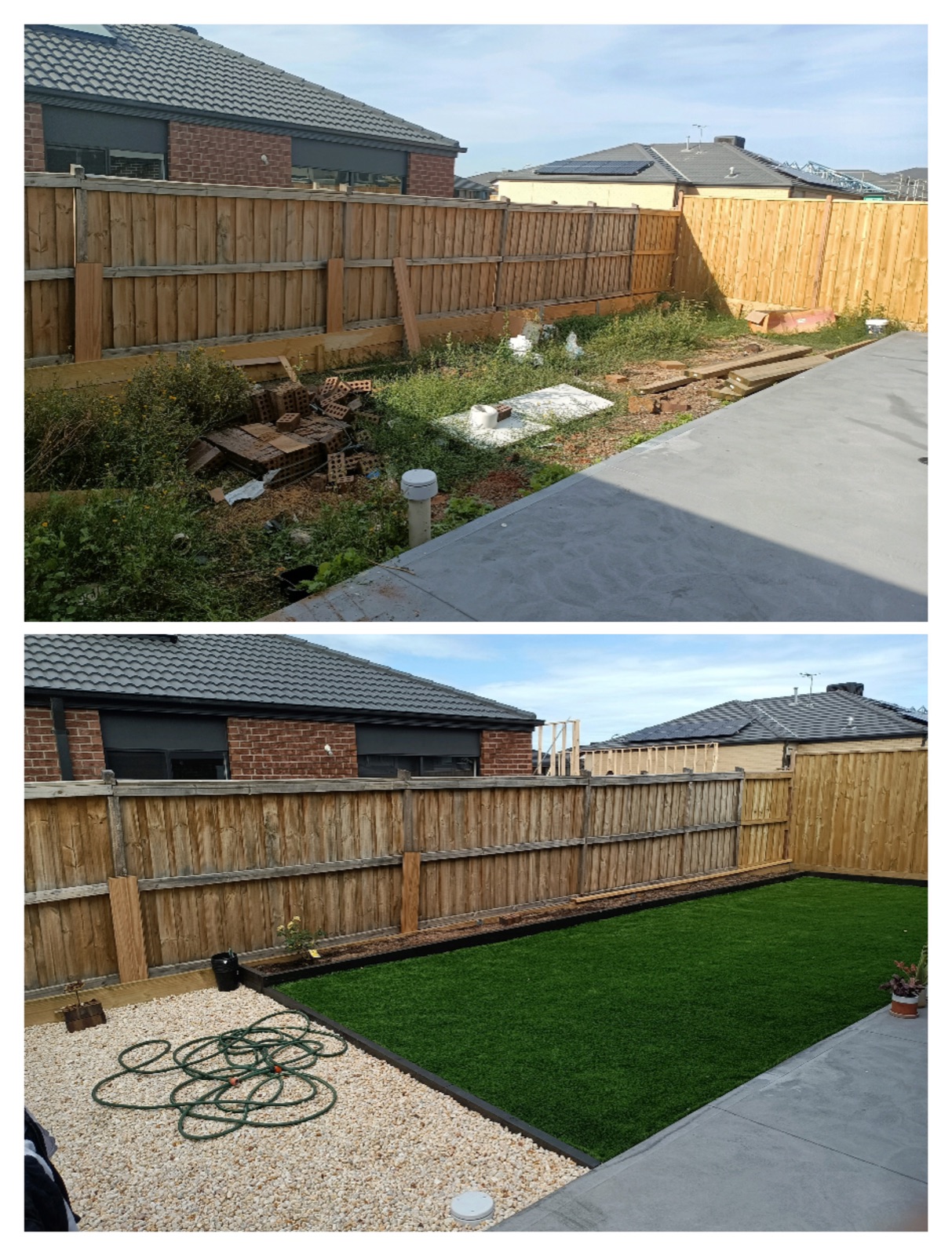 Cluttered backyard turned into a neat artificial lawn with pebble borders.