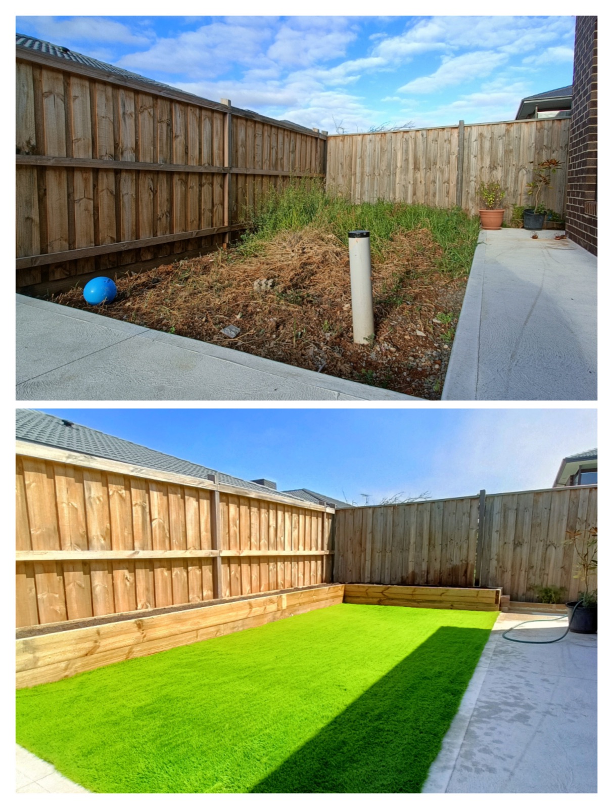 Backyard transformed with artificial grass and sleeper retaining planter.