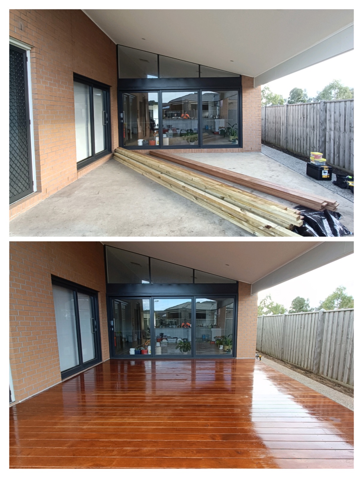 Hardwood Merbau deck replacing bare concrete alfresco area.