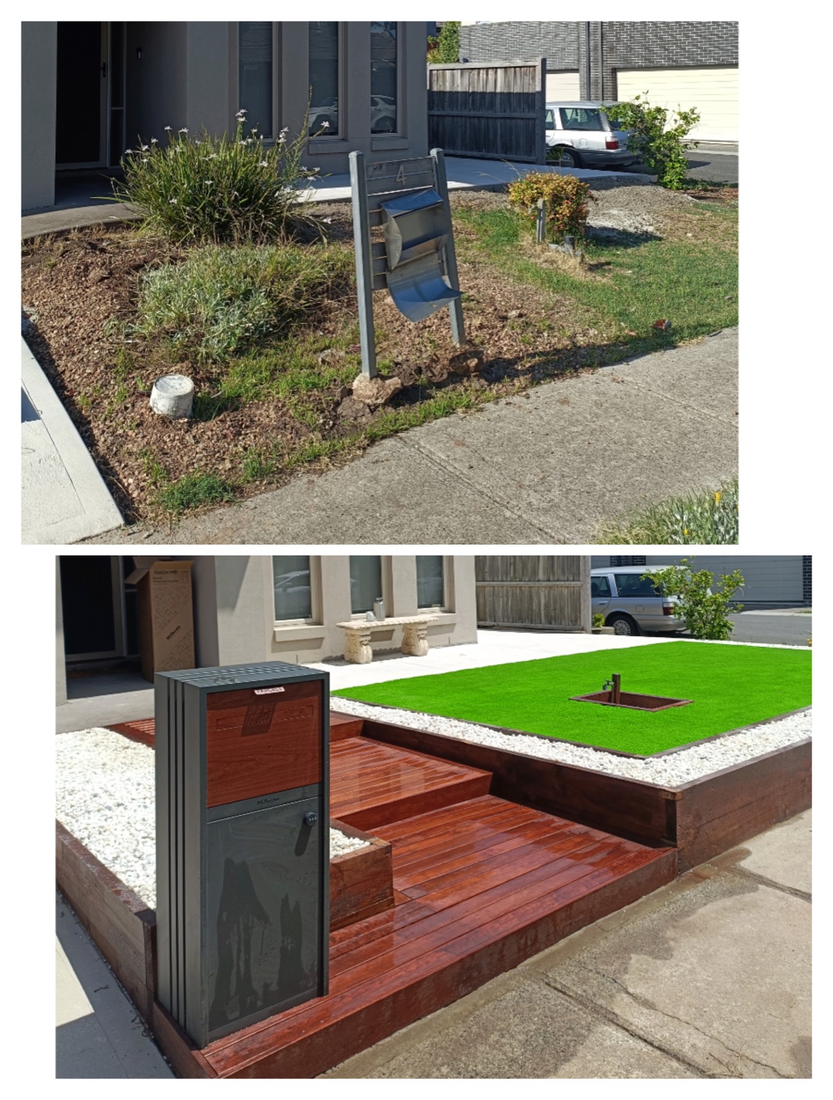Front entry rebuilt with timber decking, artificial turf, and stone pebbles.