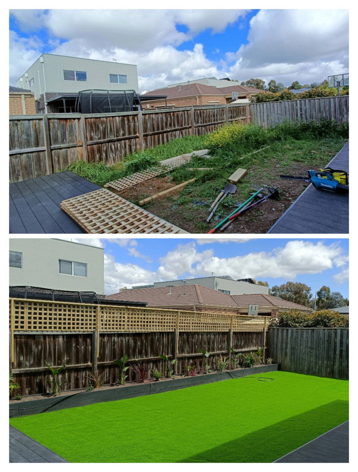 Backyard rebuild with dark composite decking, artificial lawn, screen planting and trellis.