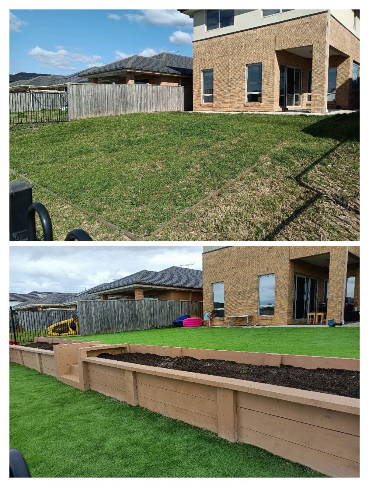 Backyard turf laid with new timber retaining garden beds.